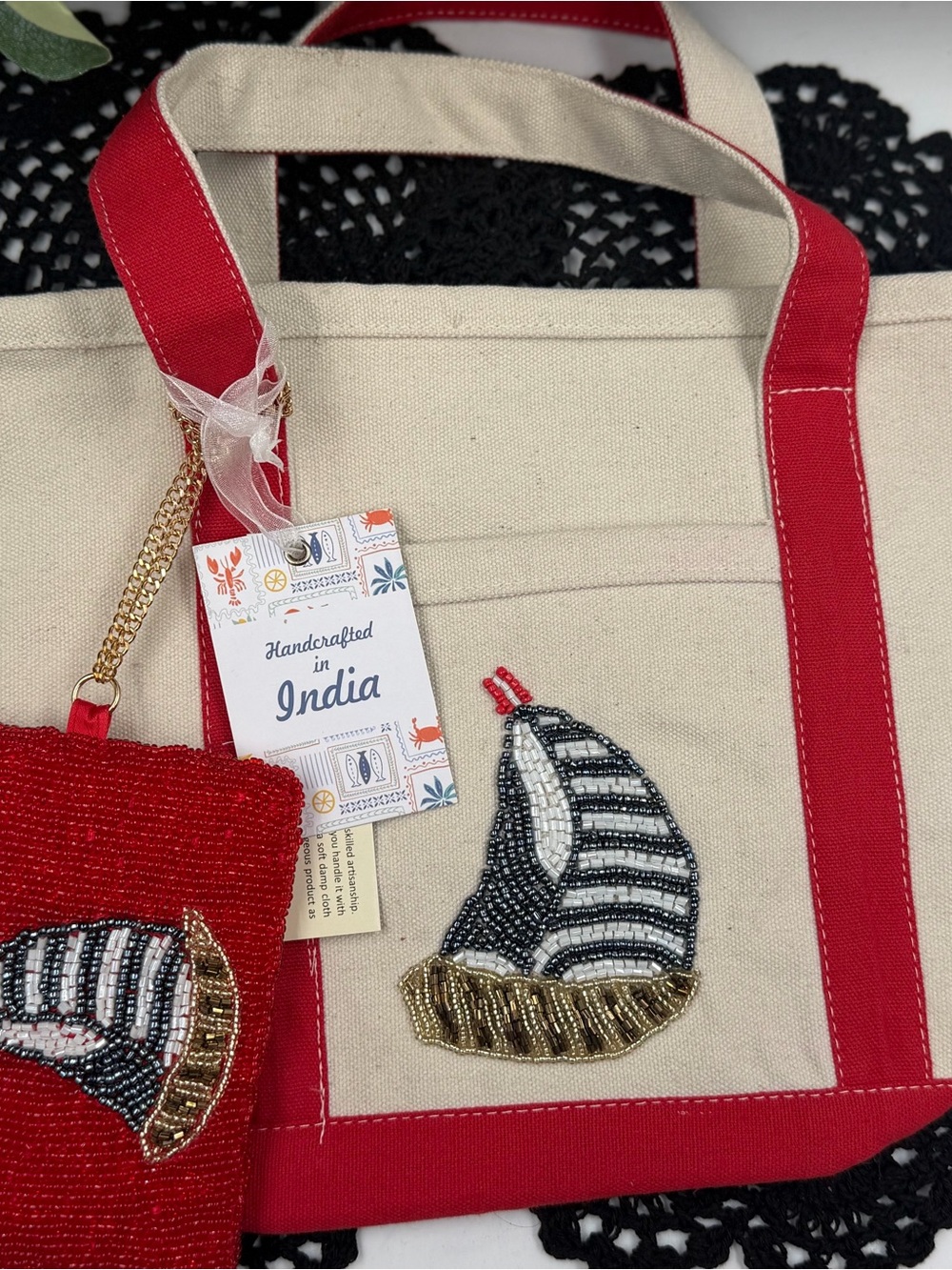 viral beaded sailboat canvas tote bag with matching coin pouch nwt
